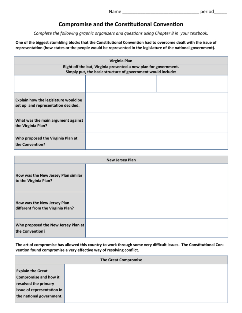 Compromise And The Constitutional Convention Intended For Constitutional Compromises Worksheet