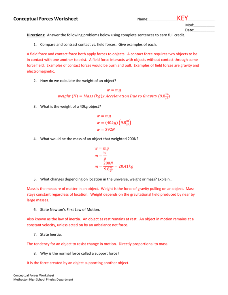 Conceptual Forces Worksheet With Regard To Physics Force Worksheets With Answers