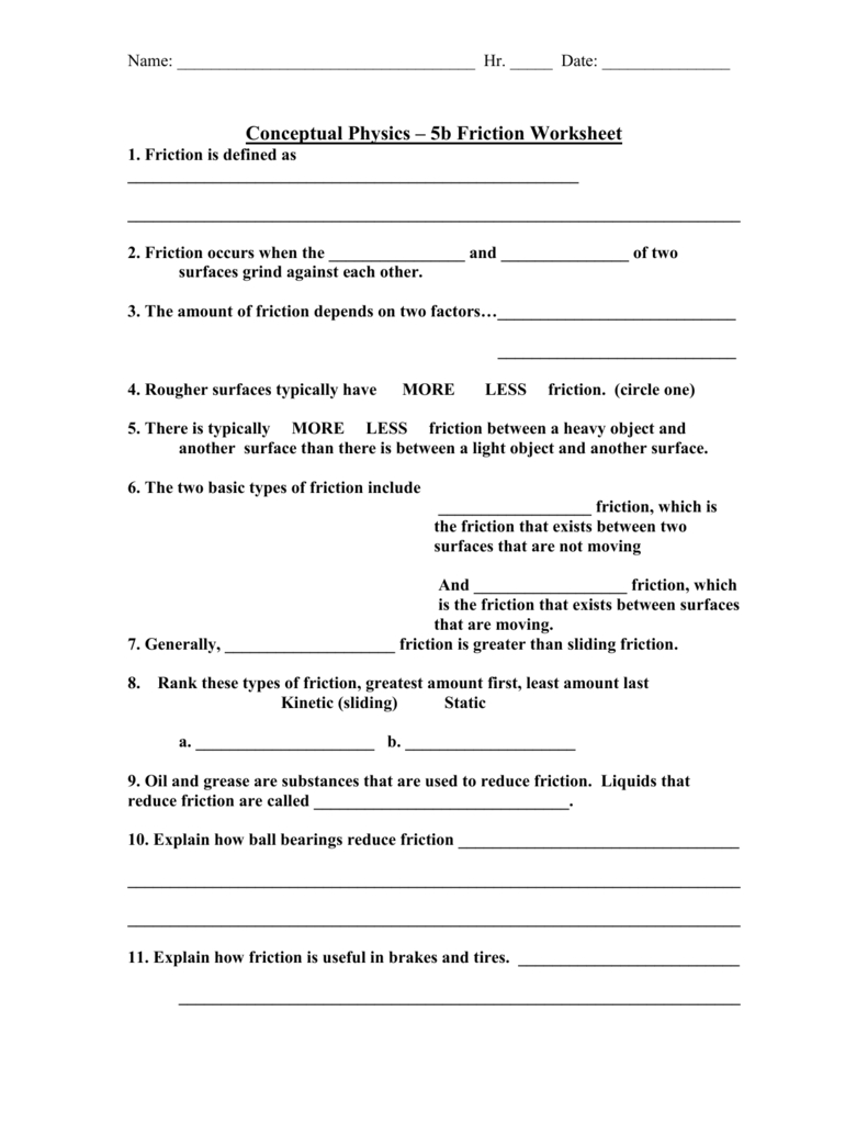 Conceptual Physics – Friction Worksheet Throughout Friction Worksheet Answers