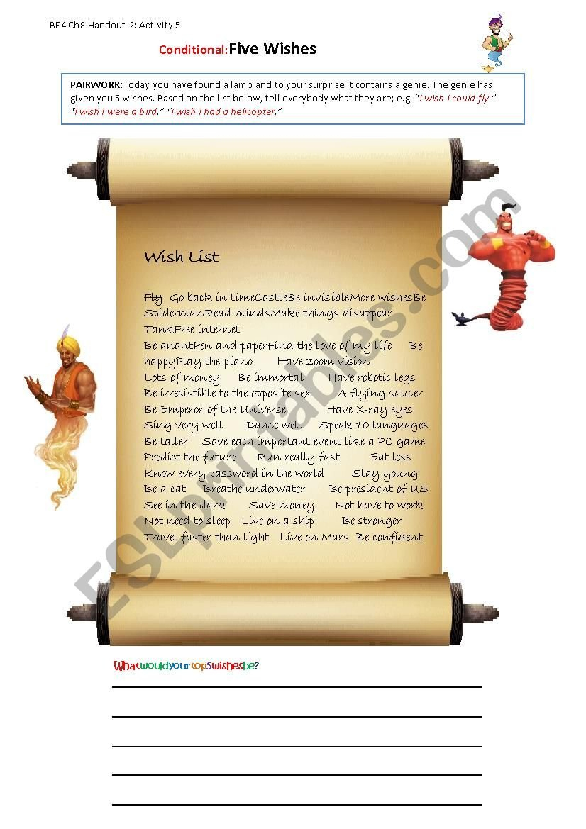 Conditional Genie 5 Wishes Speaking Practice  Esl Worksheetspinney Intended For 5 Wishes Worksheet