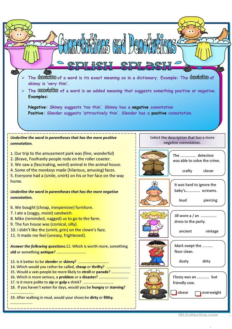 Connotations And Denotation Worksheet  Free Esl Printable Together With Connotation And Denotation Worksheets For Middle School