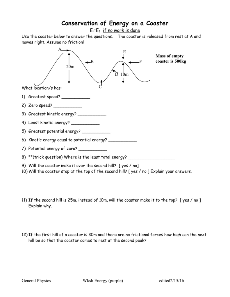 Conservation Of Energy On A Coaster Worksheet Or Potential And Kinetic Energy Roller Coaster Worksheet