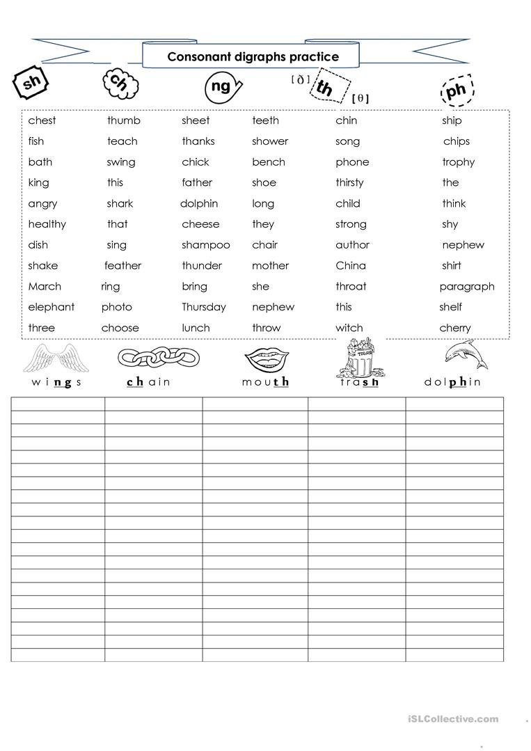 Consonant Digraphs Sh  Ch  Ph  Ng  Th Worksheet  Free Esl Along With Consonant Digraphs Worksheets