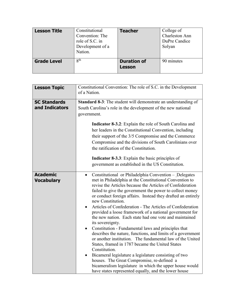 Constitution Convention Lesson Plan Doc Throughout The Constitutional Convention Worksheet