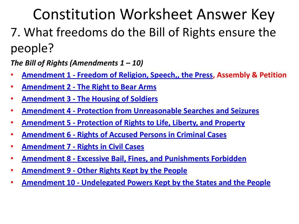 Constitution Worksheet Answer Key  Ppt Download Within Bill Of Rights Amendments 1 10 Worksheet
