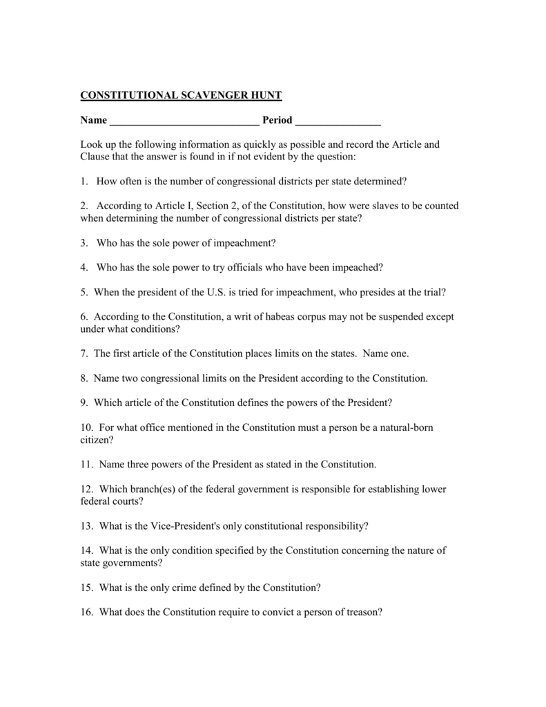 Constitutional Scavenger Hunt Along With Constitution Scavenger Hunt Worksheet Answer Key
