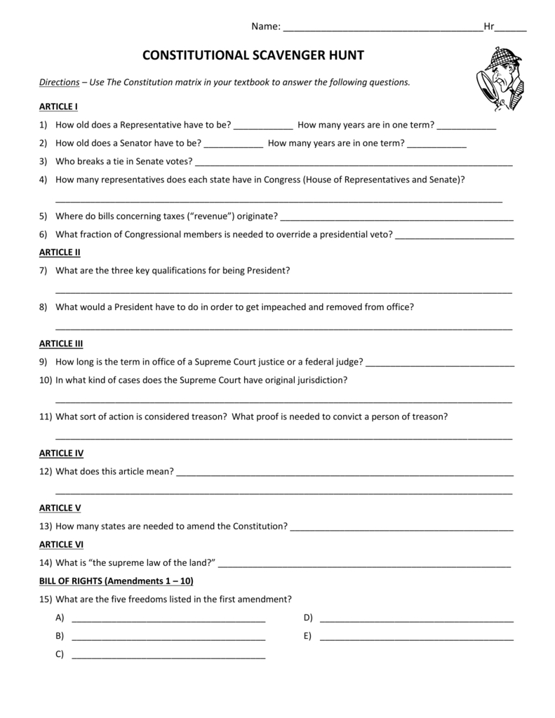 Constitutional Scavenger Hunt Directions – Use The For Constitution Scavenger Hunt Worksheet Answer Key