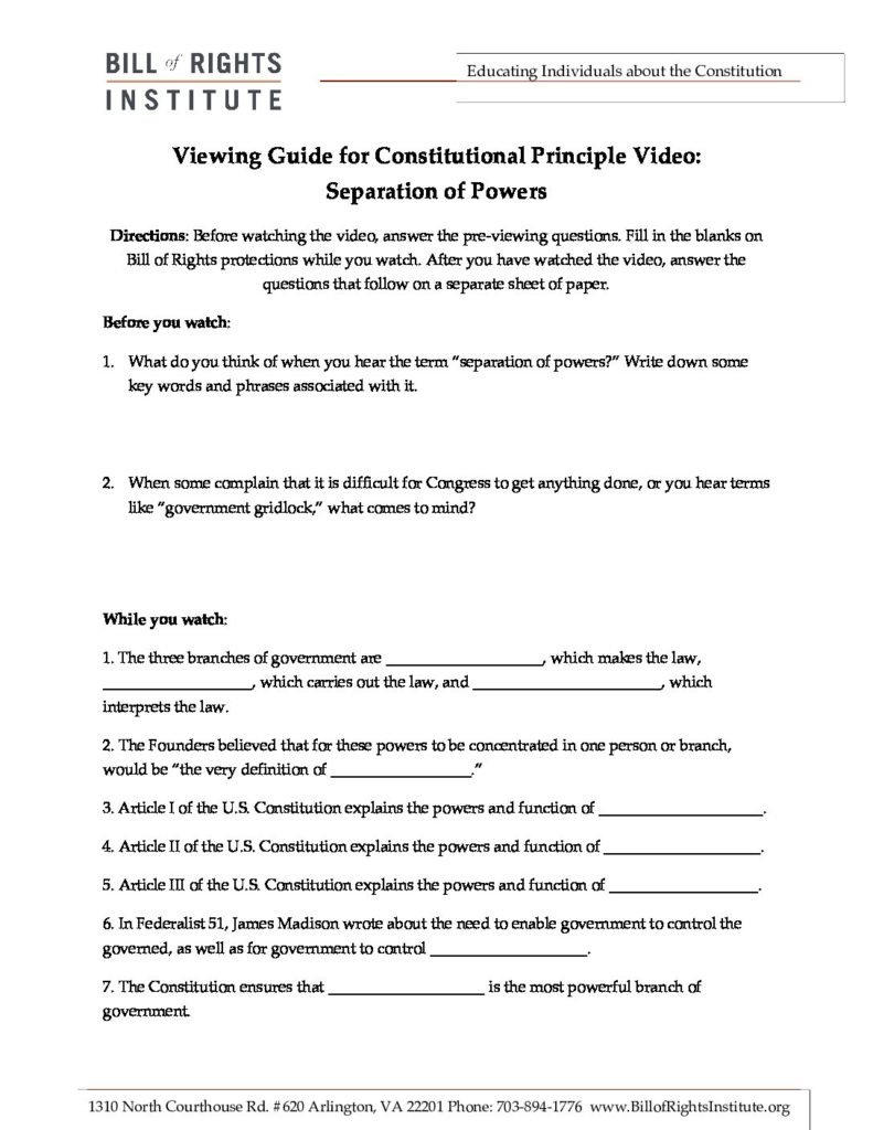 Constitutional Videos  Separation Viewing Guide  Bill Of Rights Inside The Birth Of The Constitution Worksheet Answer Key