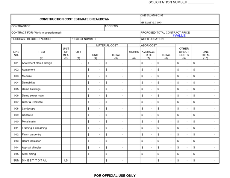 Construction Cost Estimate Breakdown The Form Allows A Contractor For Material Takeoff