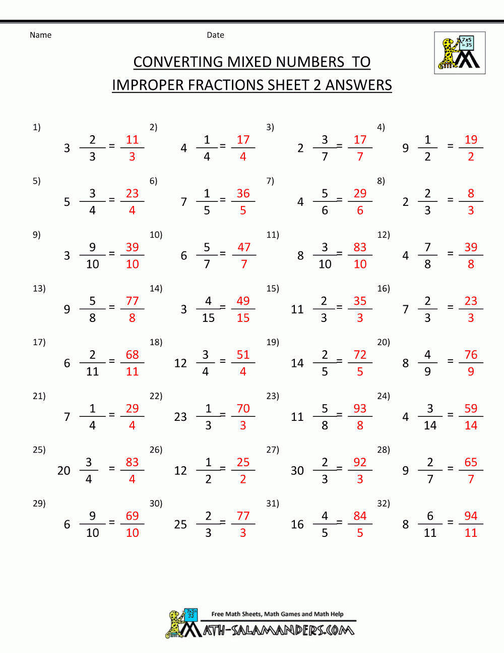 Convert Improper Fraction For Converting Mixed Numbers To Improper Fractions Worksheet