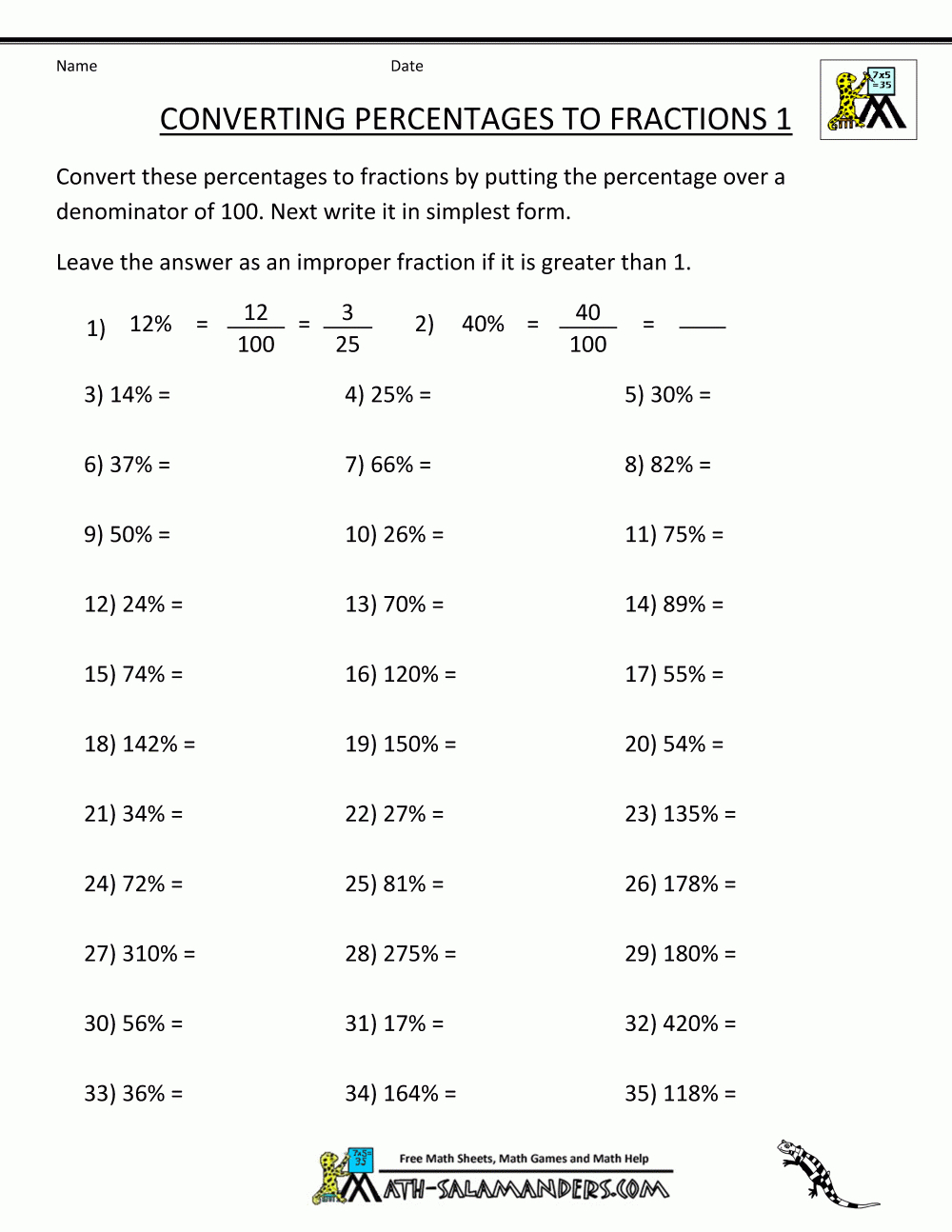 Convert Percent To Fraction And Fractions And Percentages Worksheets