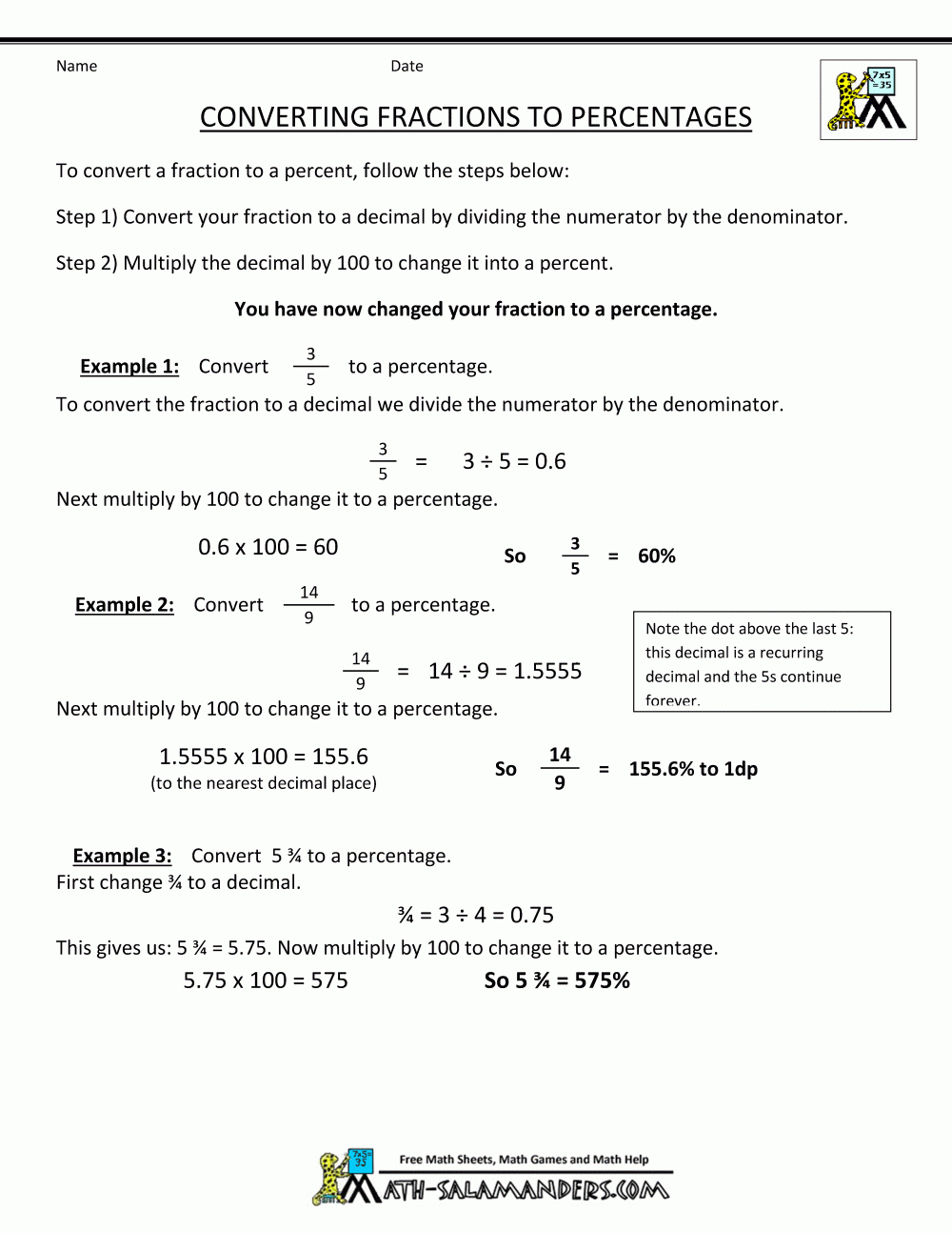 Converting Fractions To Percentages Along With Fractions And Percentages Worksheets