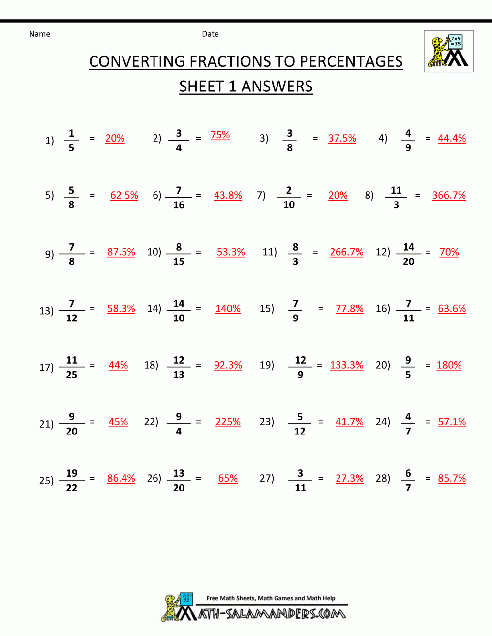 Converting Fractions To Percentages Throughout Fractions And Percentages Worksheets