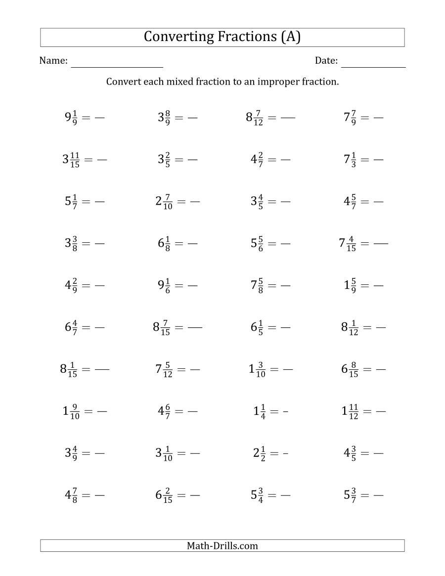 Converting Mixed Fractions To Improper Fractions A Intended For Converting Mixed Numbers To Improper Fractions Worksheet