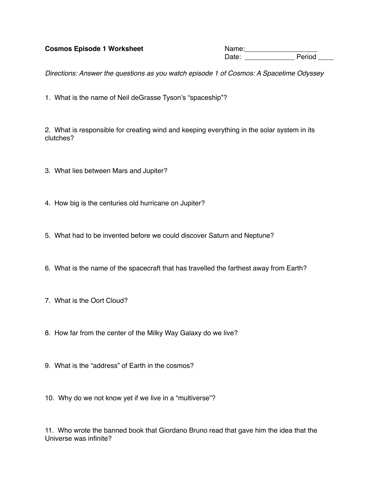 Cosmos Episode 1 Also Cosmos Episode 12 Worksheet Answers