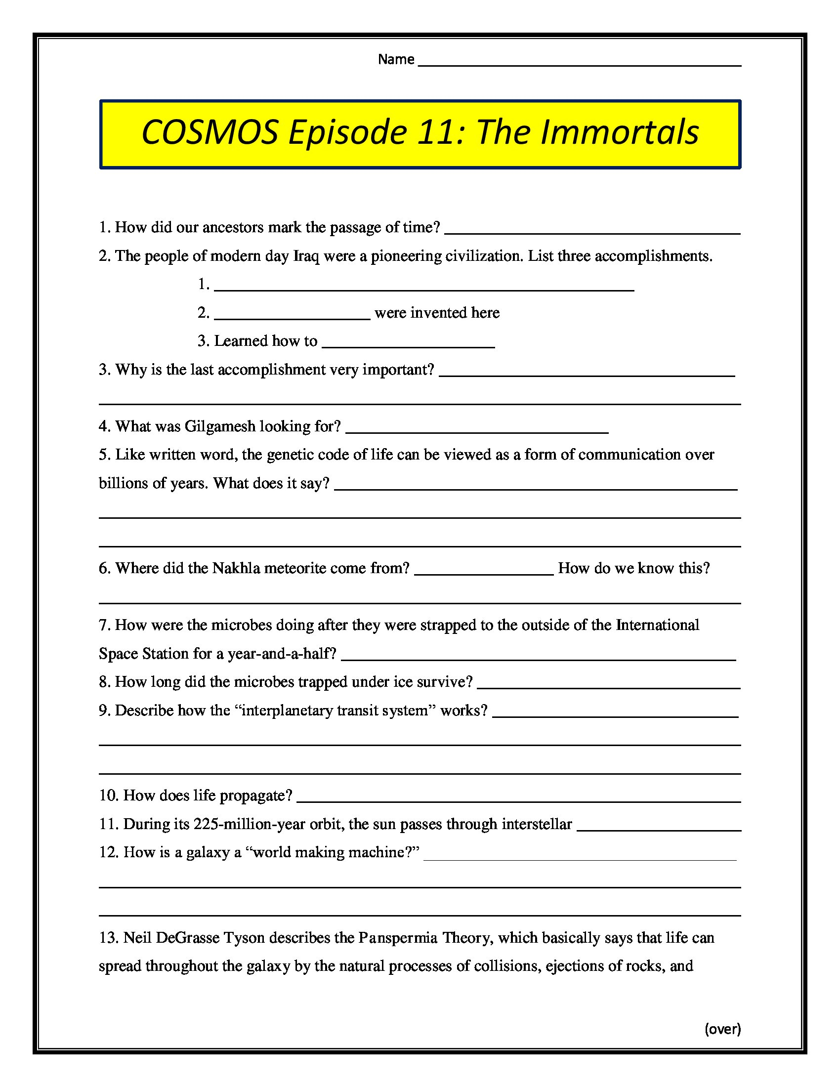 Cosmos Episode 11 The Immortals Worksheet 2014  Conceptual Throughout Cosmos Episode 12 Worksheet Answers