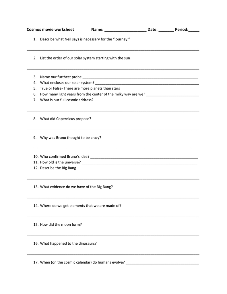 Cosmos Movie Worksheet Intended For Cosmos Episode 1 Worksheet Answer Key