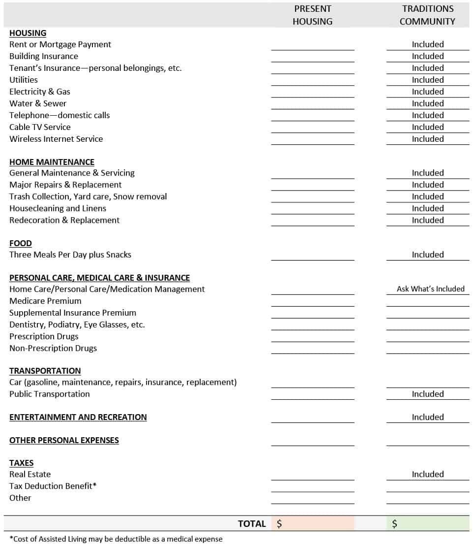 Cost Comparison Worksheet  Traditions At Deerfield  Loveland Oh With Assisted Living Cost Comparison Worksheet