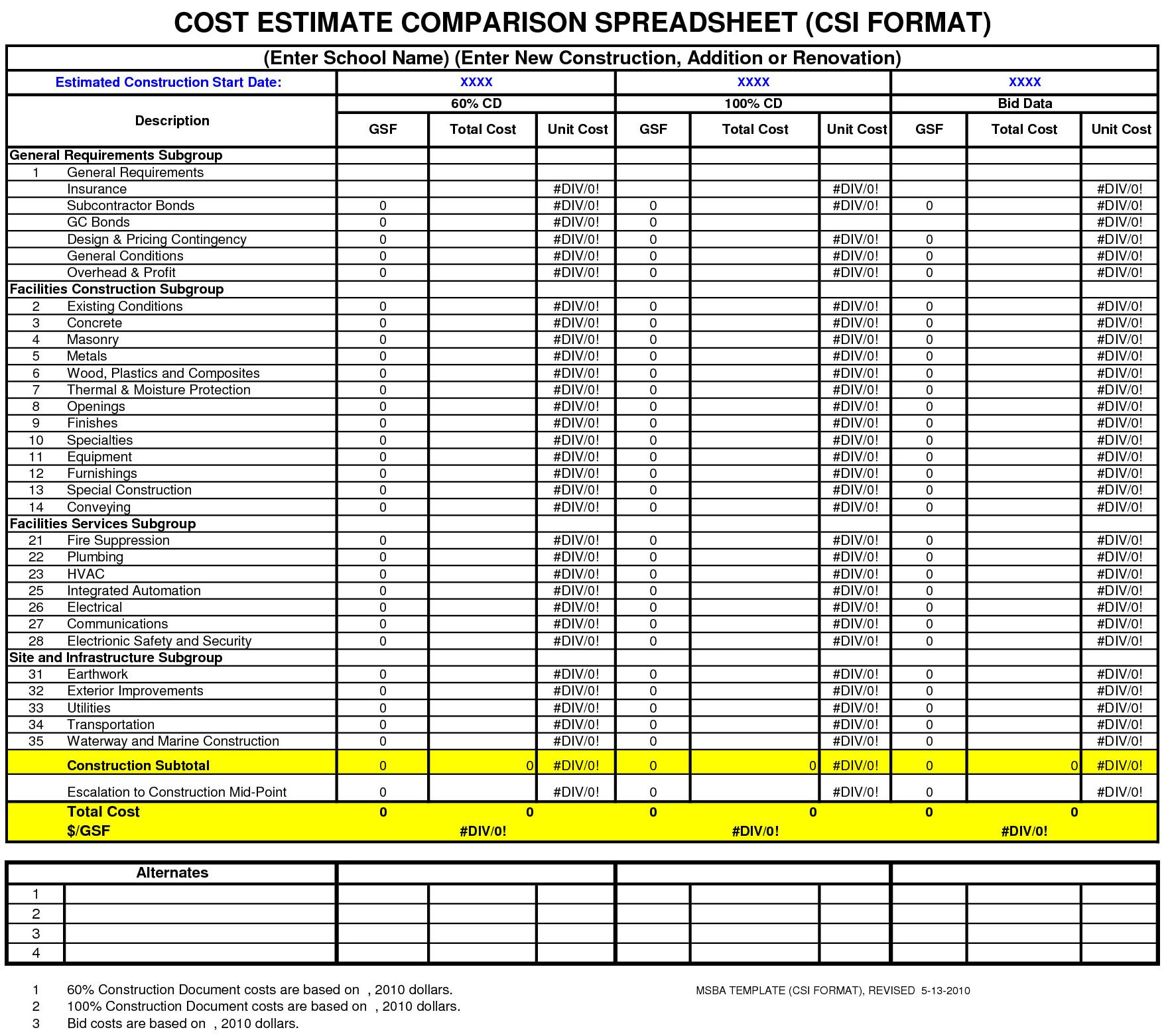 Cost Estimate Comparison Spreadsheet | Free Download Cost Estimator Along With Masonry Estimating Spreadsheet