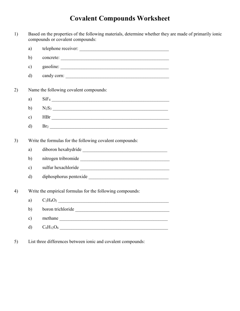 Covalent Compounds Worksheet As Well As Naming Covalent Compounds Worksheet Answer Key
