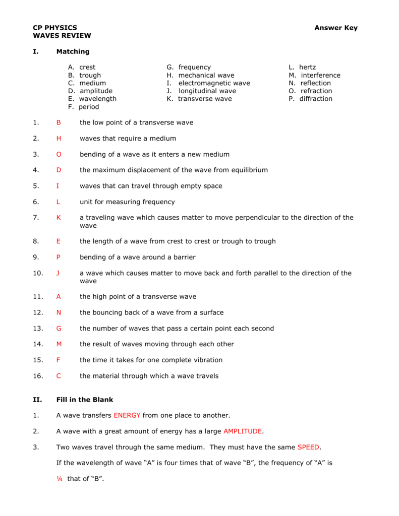 Cp Physics  Brookwood High School Inside Waves Review Worksheet Answer Key