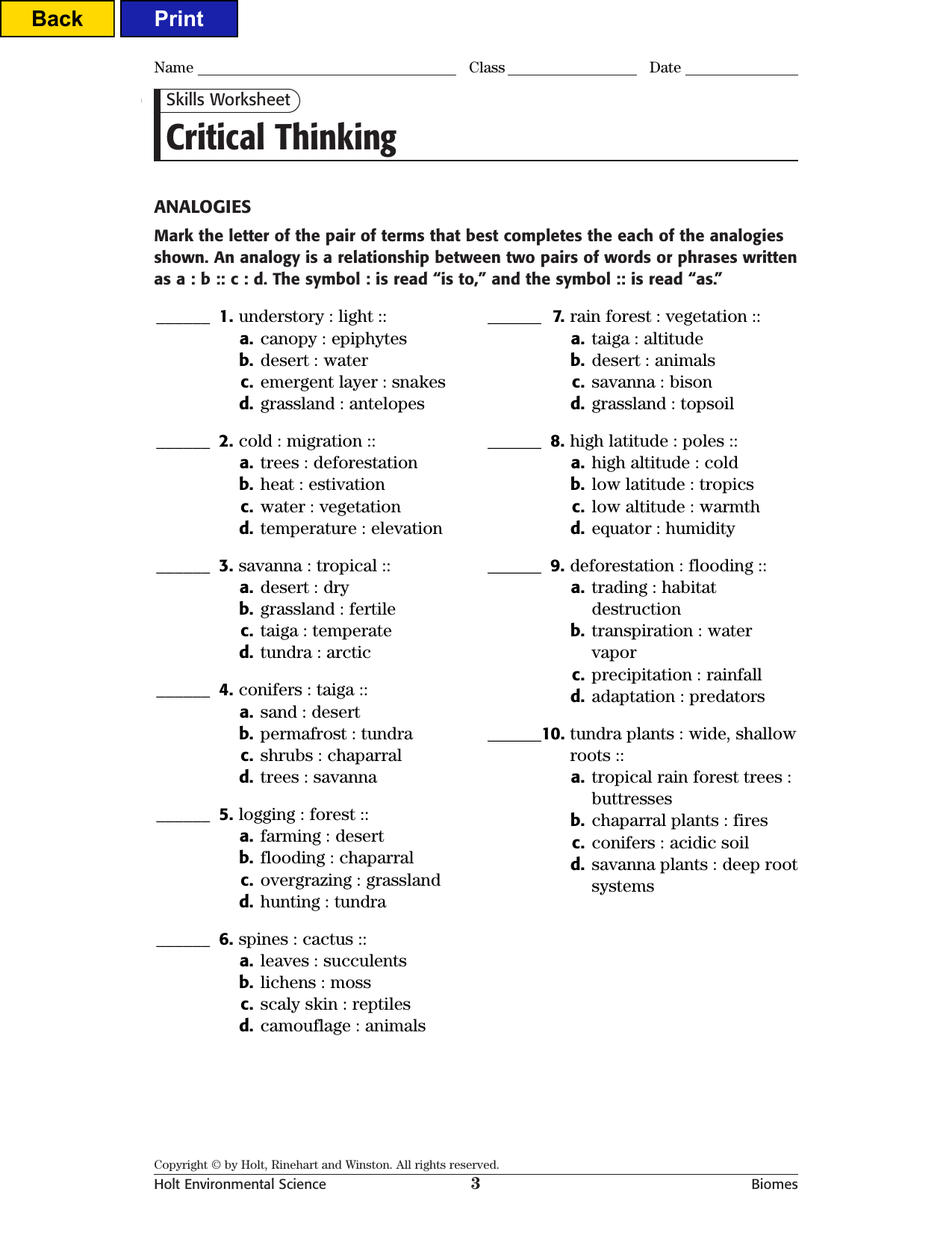 Critical Thinking In Skills Worksheet Critical Thinking Analogies Environmental Science