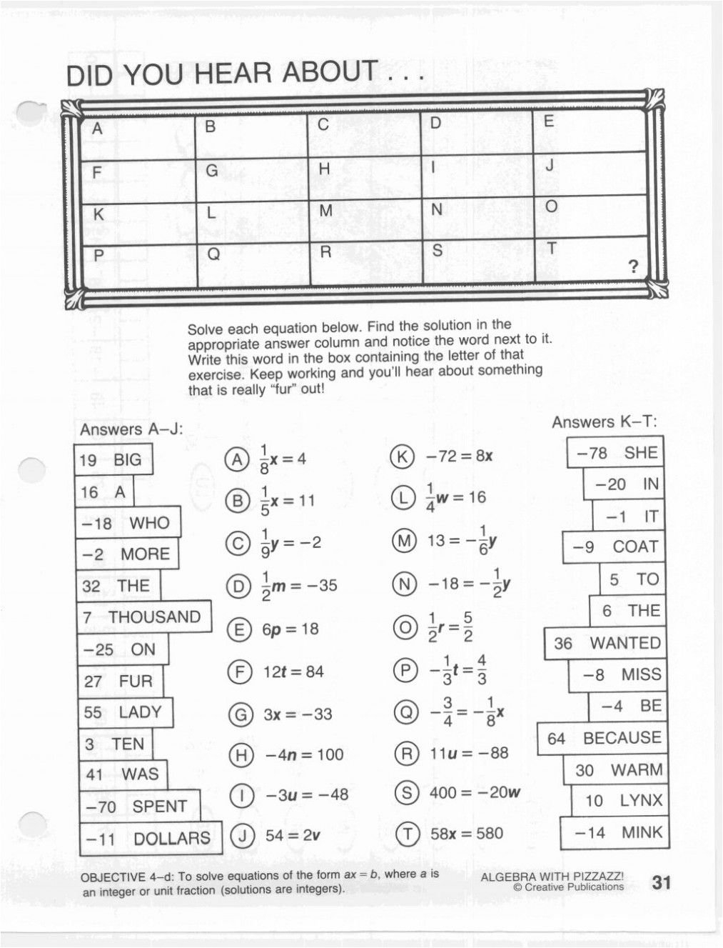 Cryptic Quiz Math Worksheet Answers  Briefencounters Intended For Did You Hear About Math Worksheet Answer Key