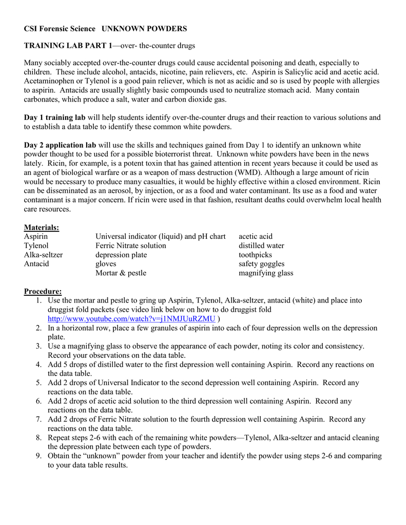 Csi Forensic Science Unknown Powders Training Lab Part Together With Csi Forensics Student Lab Worksheet Answers