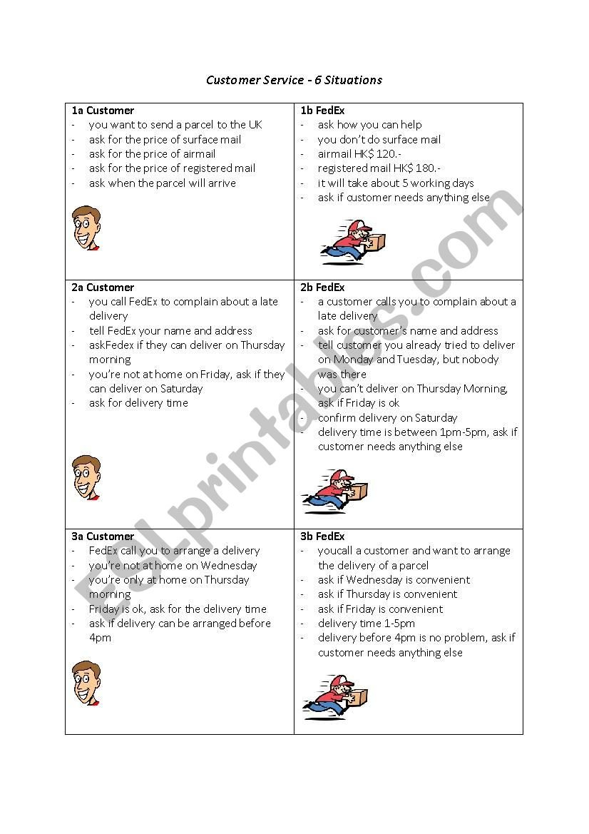 Customer Service Pick Up And Delivery Activity Cards  Esl And Customer Service Activity Worksheet