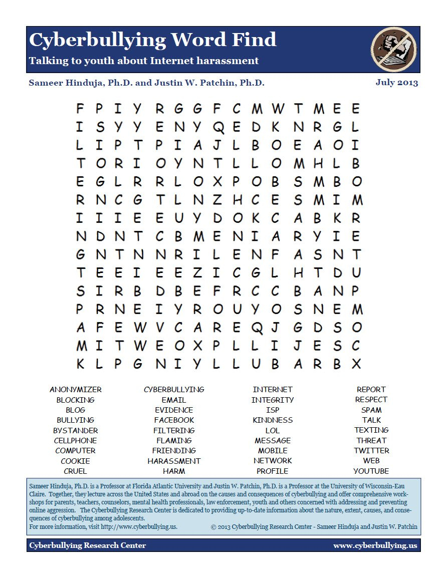Cyberbullying Word Find Talking To Youth About Internet Harassment In Cyber Bullying Worksheets Activities