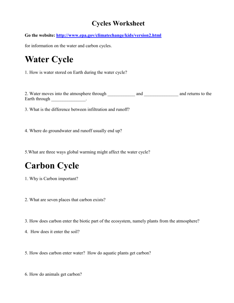 Cycles Worksheet Or Water Carbon And Nitrogen Cycle Worksheet