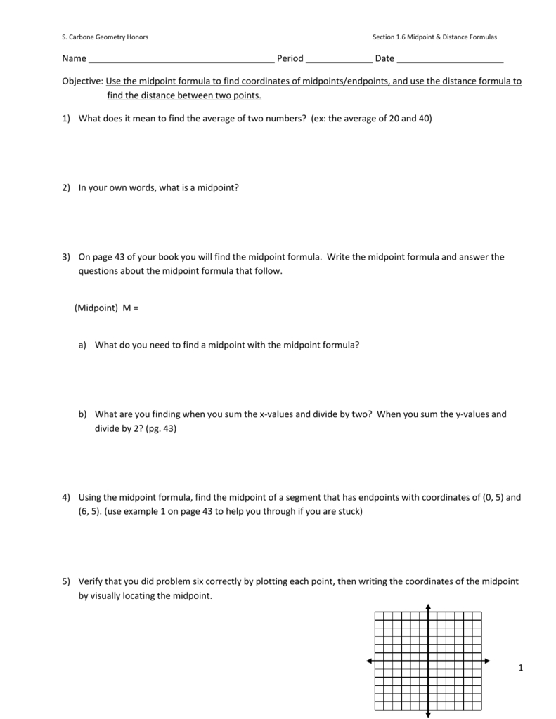 D10 16 Midpoint And Distance Formulas Or Midpoint And Distance Formula Worksheet With Answers