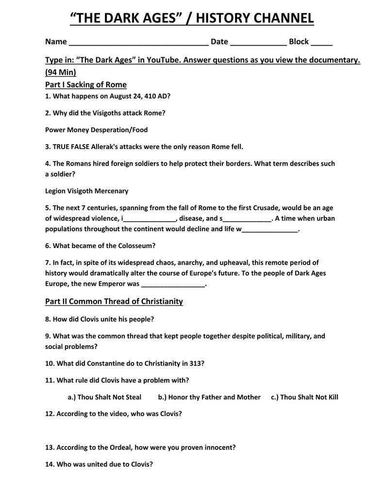 Dark Ages Study Guide As Well As The Dark Ages Video Worksheet