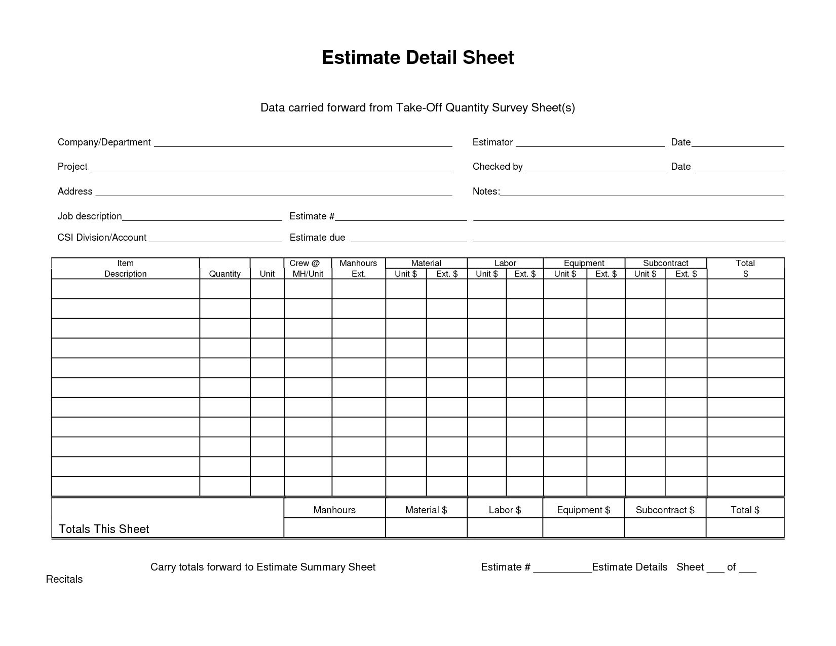 Data Carried Forward From Takeoff Quantity Survey Sheet Throughout Material Takeoff Spreadsheet