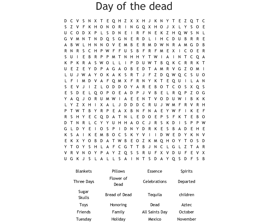 Day Of The Dead Word Search  Wordmint Throughout Dia De Los Muertos Worksheet Answers