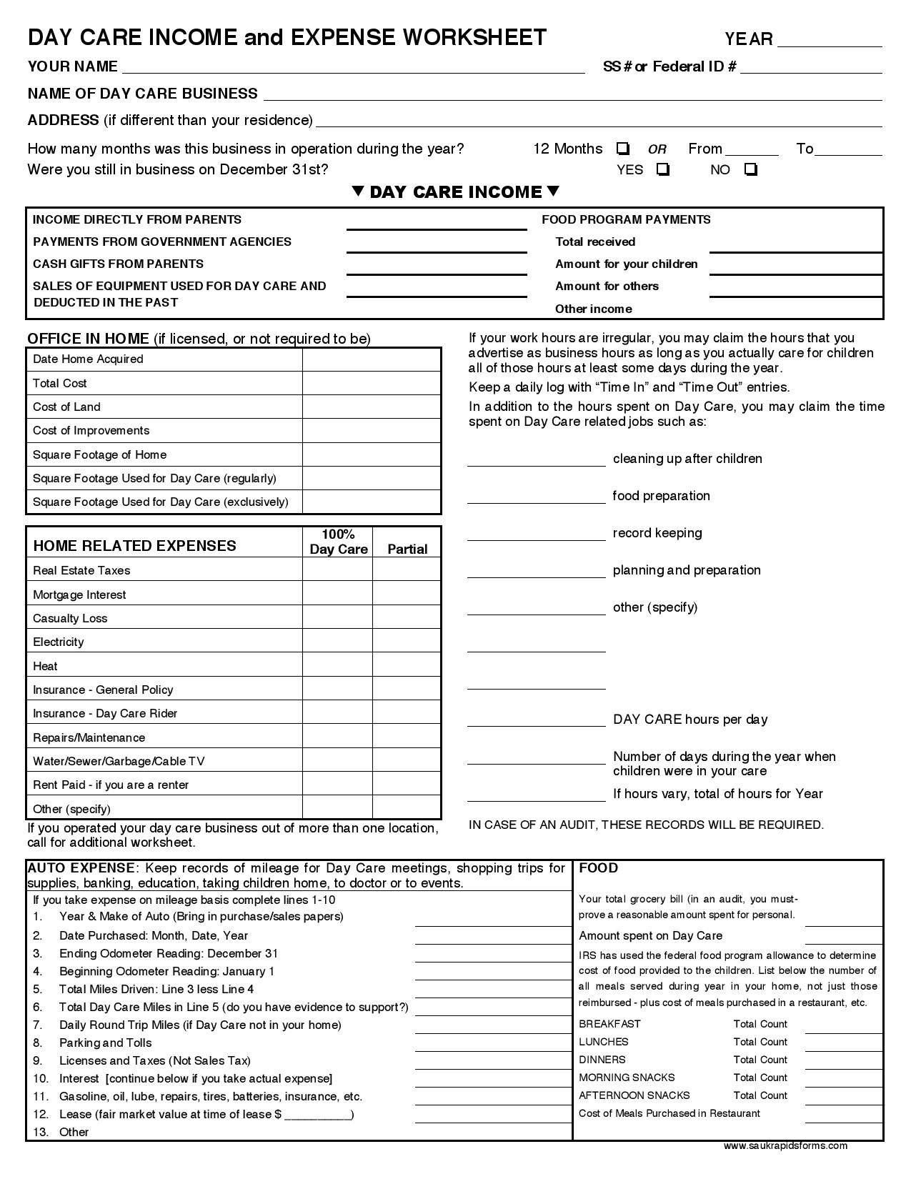 Daycare Business Income And Expense Sheet To File Your Daycare ... Along With Daycare Expense Spreadsheet