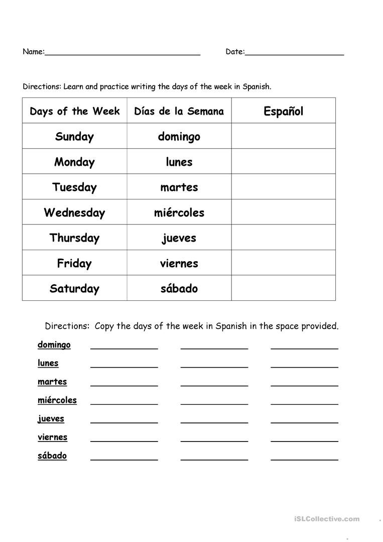 Days Of The Week In Spanish Worksheet  Free Esl Printable Inside Printable Spanish Worksheets
