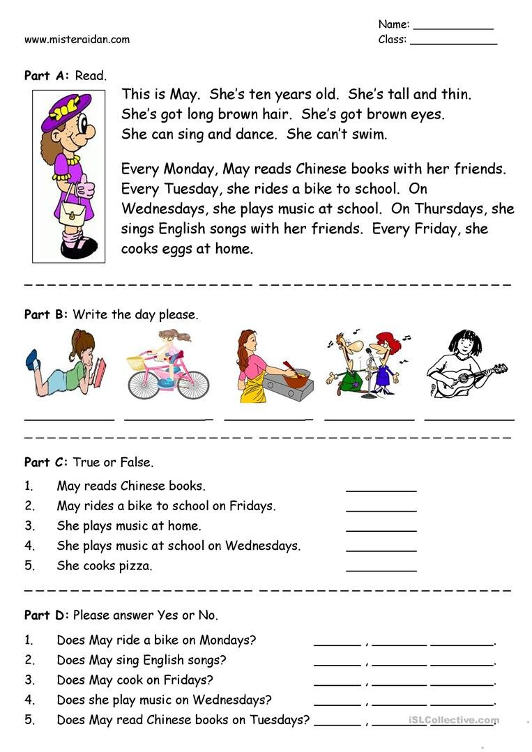 Days Of The Week  Simple Reading Comprehension Worksheet  Free Esl Within Esl Reading Comprehension Worksheets For Adults