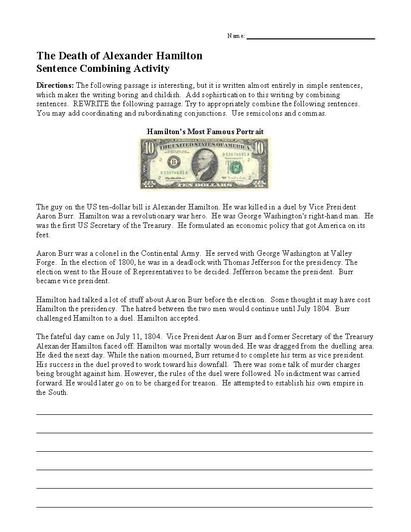 Death Of Hamilton  Sentence Combining Activity  Preview With Valley Forge Worksheet Pdf
