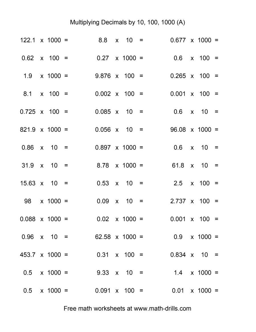 Decimal × 10 100 Or 1000 Horizontal 45 Per Page A With Regard To Multiplying Decimals Worksheet