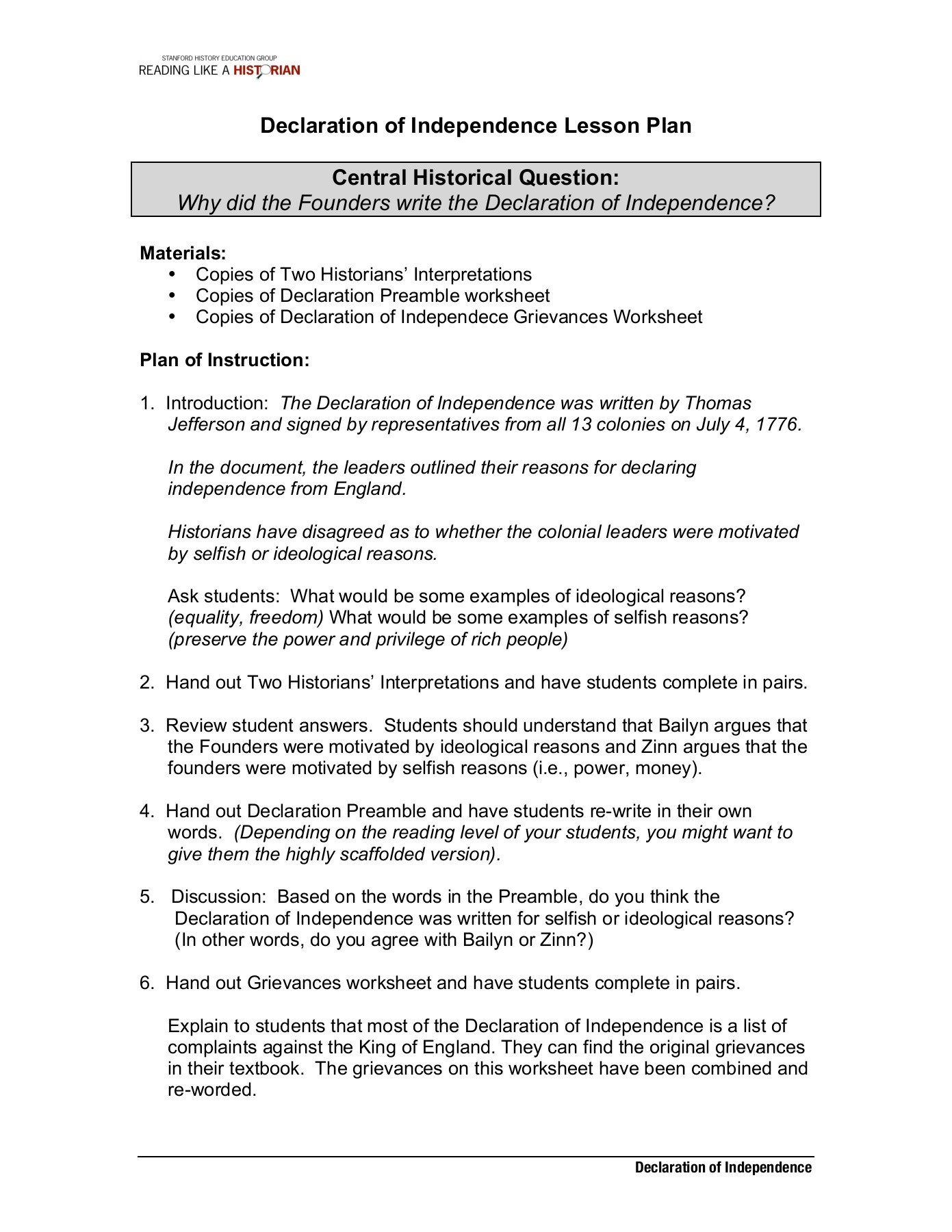 Declaration Of Independence Worksheet Answer Key Excelguider