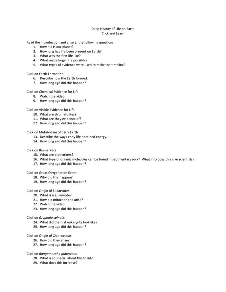 Deep History Of Life On Earth Click And Learn Questions Within The History Of Life On Earth Worksheet Answers