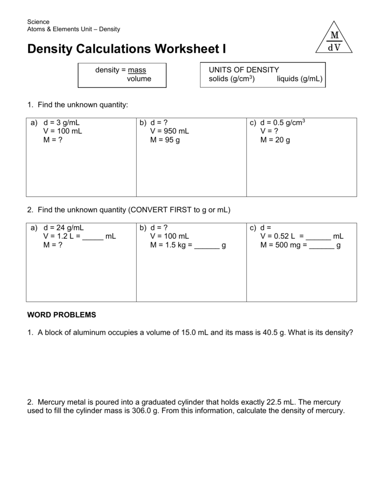 Density Calculations Worksheet I Also Density Calculations Worksheet Answer Key