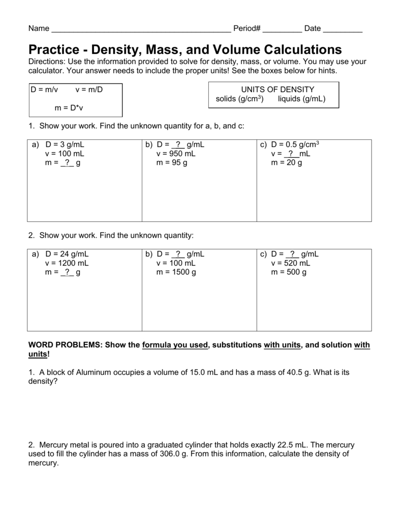 Density Calculations Worksheet I And Density Calculations Worksheet Answers