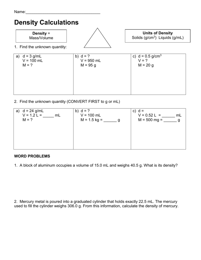 Density Calculations Worksheet I As Well As Density Calculations Worksheet Answers