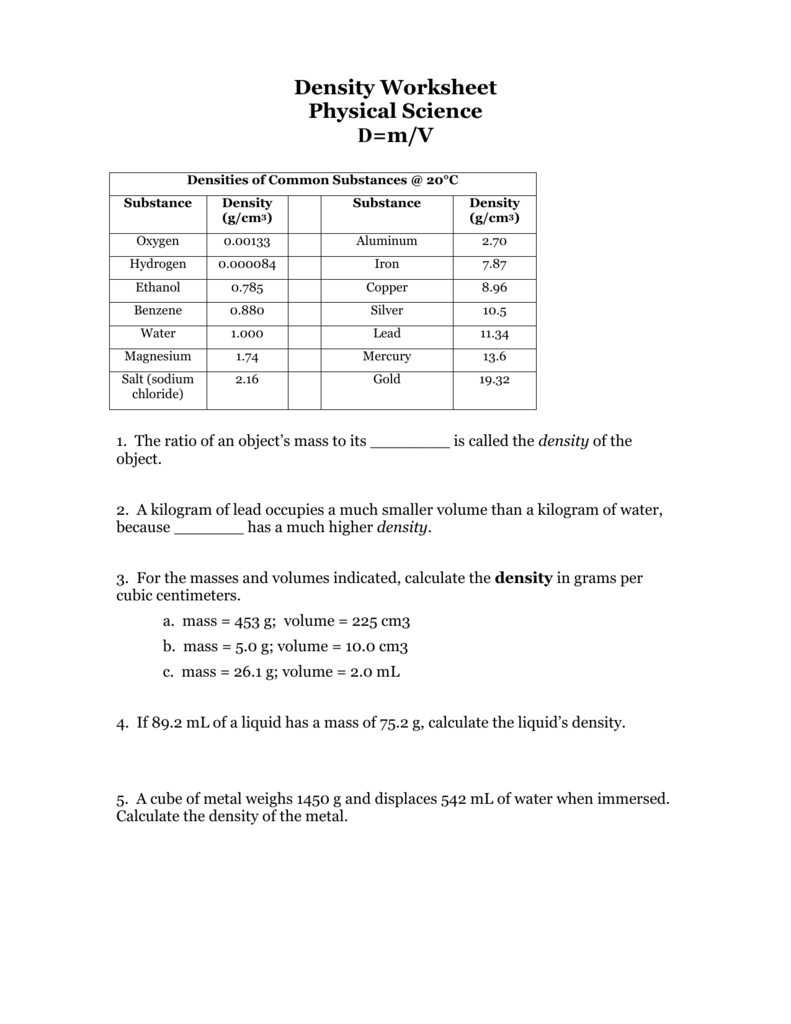 Density Worksheet For Physical Science If8767 Worksheet Answers
