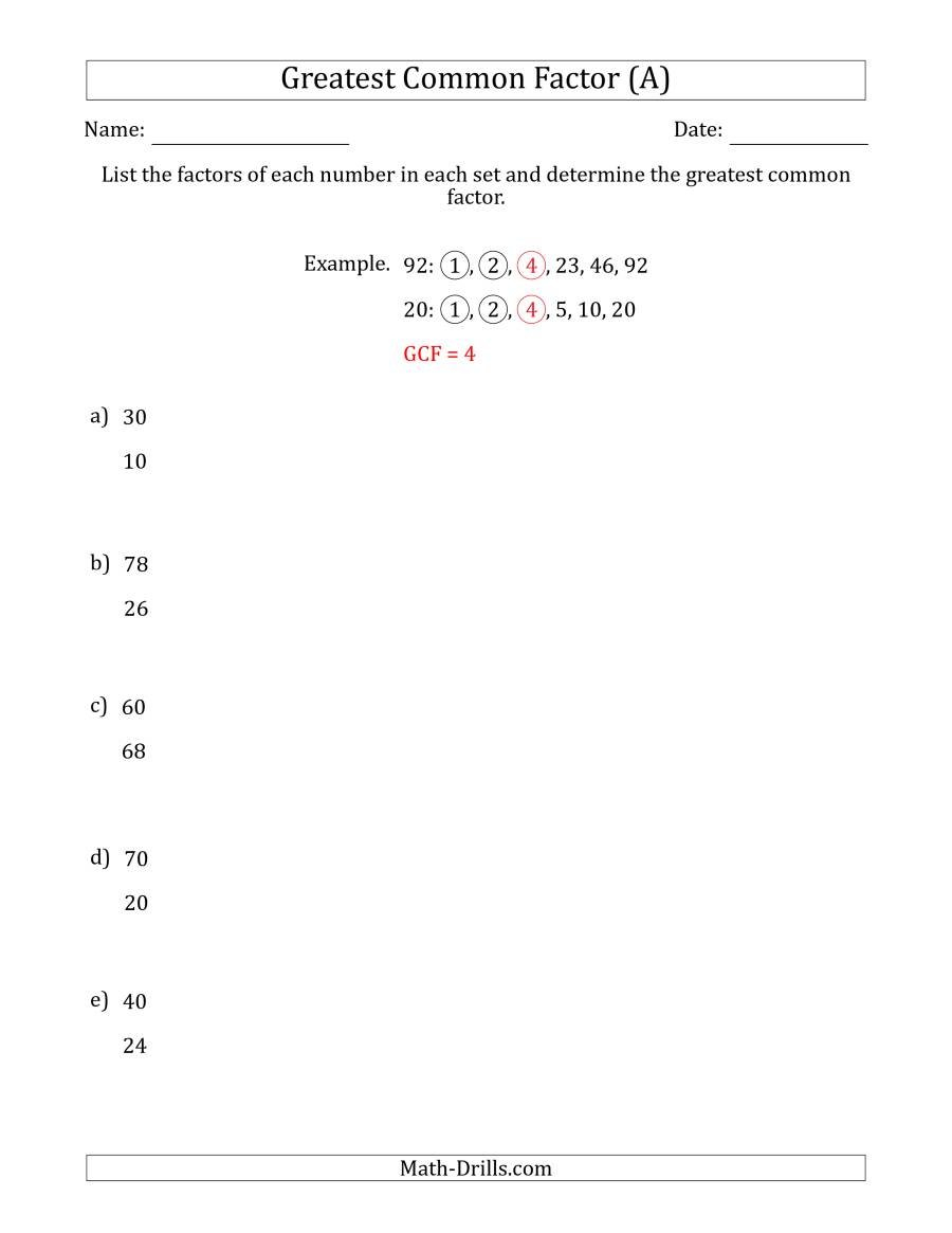 Determining Greatest Common Factors Of Sets Of Two Numbers From 4 To Together With Greatest Common Factor Worksheet Answer Key