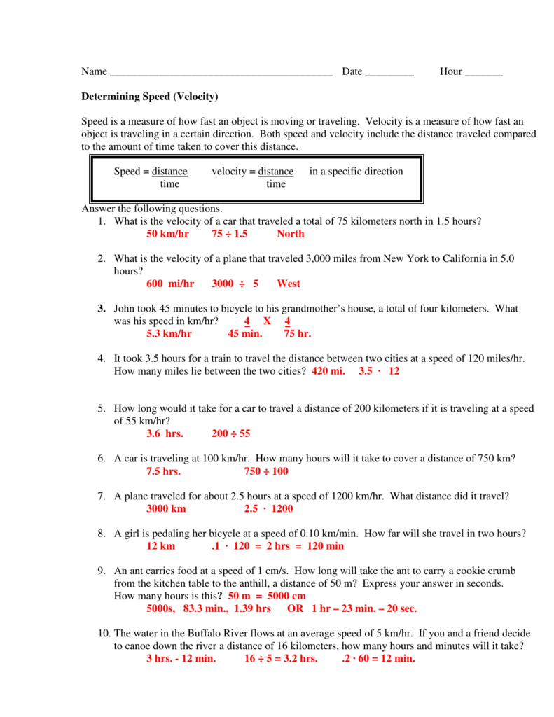 Speed And Velocity Worksheet Answer Key Excelguider