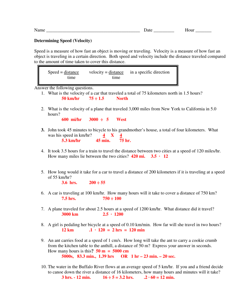 Determining Speed Velocity Or Speed And Velocity Worksheet Answers
