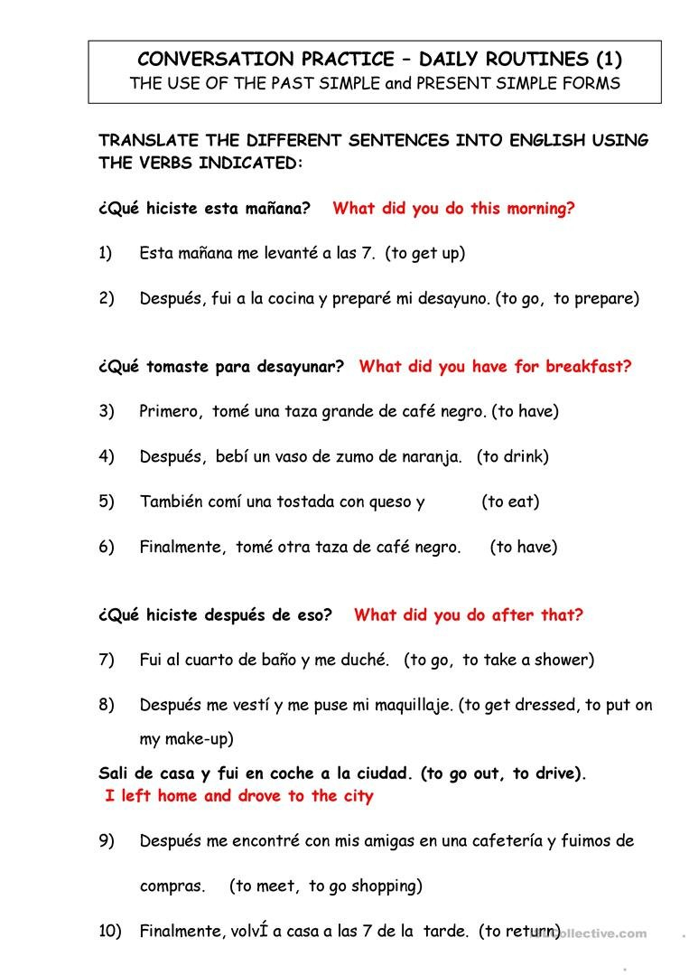 Dialy Routines Translate From Spanish To English Worksheet  Free Together With Spanish 2 Worksheets